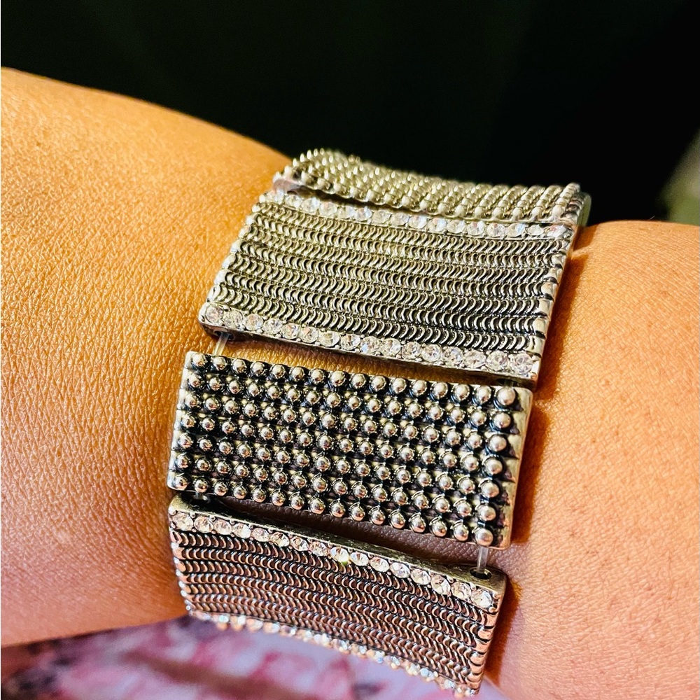Patterned Rectangle And Rhinestone Stretch Bracel… - image 5